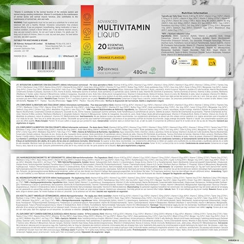 Etikett einer flüssigen Multivitamin-Ergänzung in Orangengeschmack mit Zutaten und Nährwertinformationen.