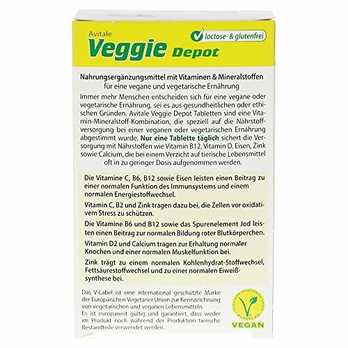 Rückseite der Avitale Veggie Depot Verpackung mit Informationen zu Vitaminen und Mineralien.