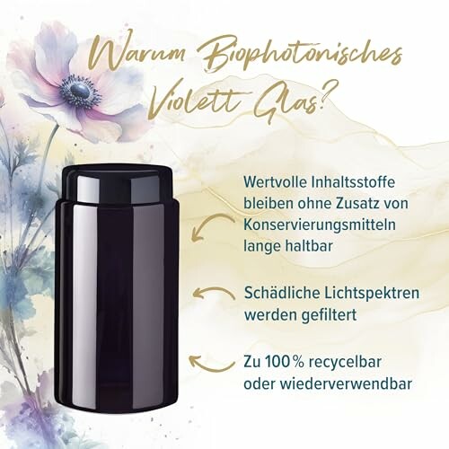 Biophotonisches Violettglas mit Vorteilen wie Haltbarkeit und Recyclingfähigkeit.
