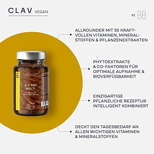 Multivitamin Flasche mit pflanzlichen Inhaltsstoffen und Beschreibung auf Deutsch.