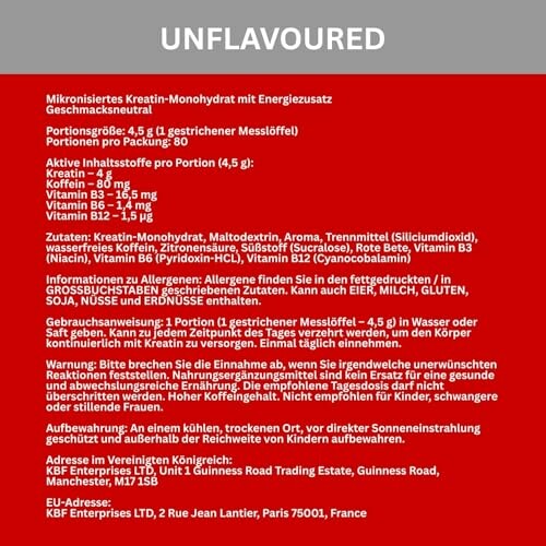 Nährwertangaben eines Kreatin-Monohydrat-Supplements.