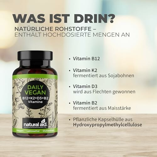 Tägliches veganes Vitaminpräparat mit B12, K2, D3, B2.