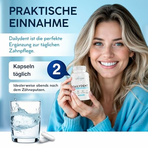 Frau hält Dailydent-Flasche, Glas Wasser daneben