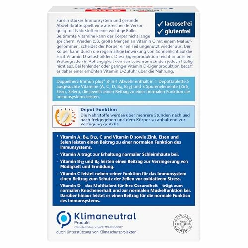 Rückseite einer Verpackung von Nahrungsergänzungsmitteln mit Informationen über Vitamine und Mineralstoffe.