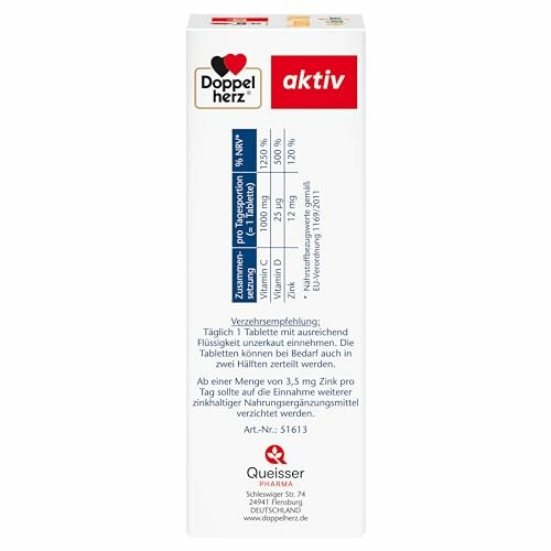 Rückseite der Verpackung von Doppelherz aktiv mit Inhaltsstoffen und Dosierungsempfehlung.