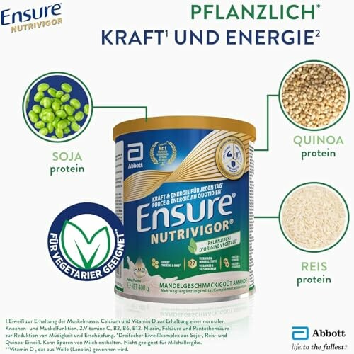 Ensure Nutrivigor Dose mit pflanzlichem Protein aus Soja, Quinoa und Reis.