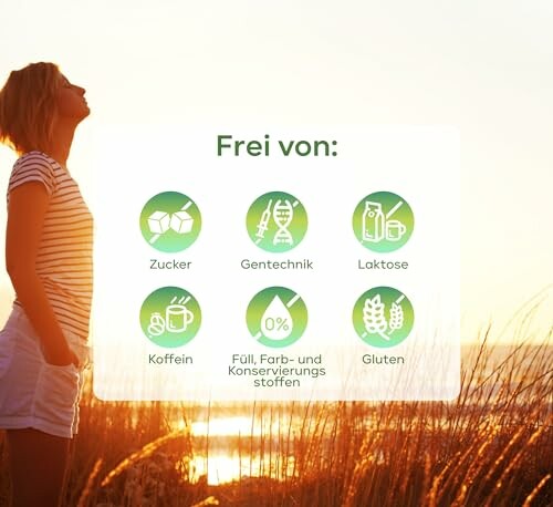 Frau im Sonnenuntergang mit Symbolen für zuckerfrei, gentechnikfrei, laktosefrei, koffeinfrei, ohne Zusatzstoffe und glutenfrei.