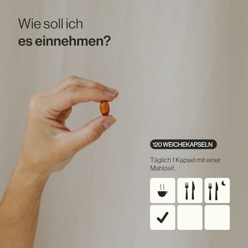 Hand hält eine Kapsel mit Anleitung zur Einnahme.