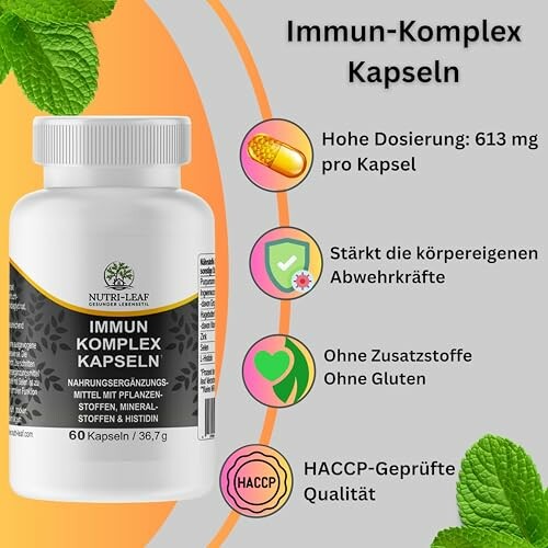 Flasche mit Immun-Komplex-Kapseln, hohe Dosierung und HACCP-geprüfte Qualität.