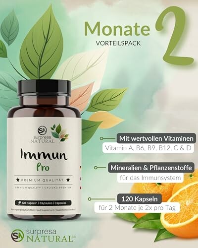 Immun Pro Nahrungsergänzungsmittel mit Vitaminen und Mineralien.