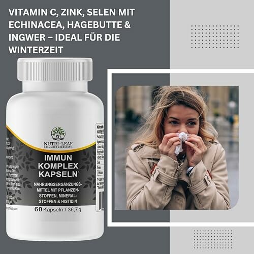 Frau putzt sich die Nase neben Immun-Komplex Kapseln.