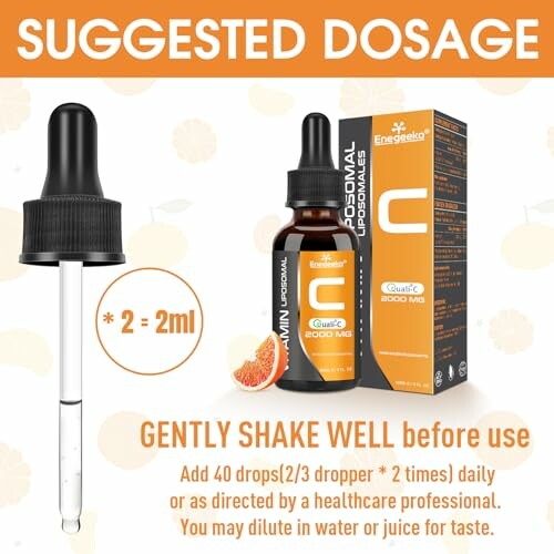 Liposomales Vitamin C Nahrungsergänzungsmittel mit Pipette und Verpackung.