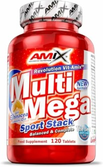 AMIX Multi Mega Stack Nahrungsergänzungsmittel in roter Flasche.