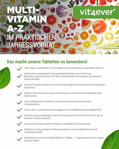 Poster für Multivitamin A-Z Jahresvorrat mit Inhaltsstoffen und Vorteilen.