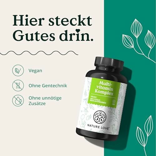 Flasche mit Multivitamin-Komplex von Nature Love auf grünem Hintergrund.