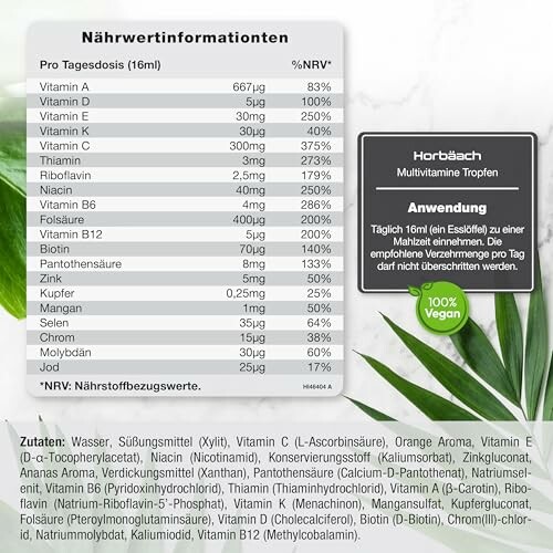 Nährwertinformation und Zutaten von Multivitamin-Tropfen.
