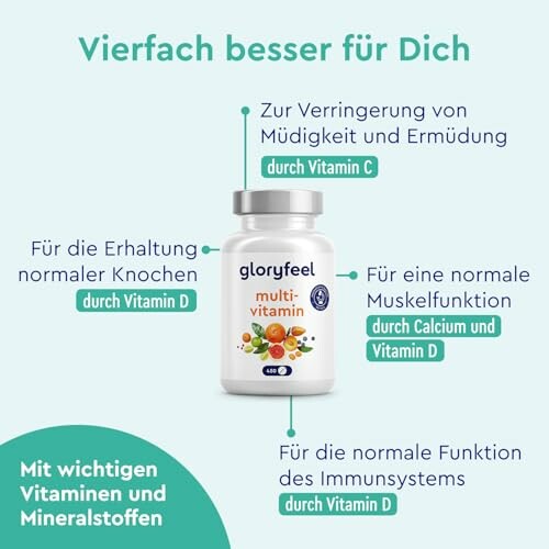 Multivitaminflasche mit Vorteilen auf Deutsch