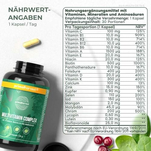 Nährwertangaben für Multivitaminpräparat mit Vitaminen und Mineralien.