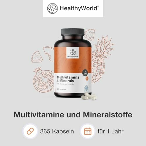 Multivitamine und Mineralstoffe Flasche mit Kapseln und Fruchtillustrationen