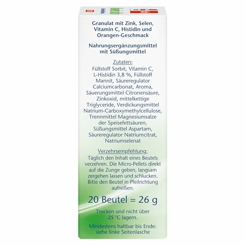 Verpackung eines Nahrungsergänzungsmittels mit Zink, Selen und Vitamin C.