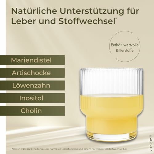 Glas mit gelbem Getränk und Liste von Inhaltsstoffen wie Mariendistel und Artischocke.