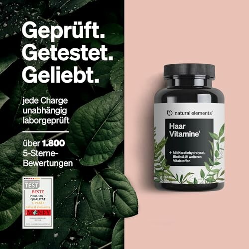 Haarvitamine Flasche neben Text über Laborprüfungen und Bewertungen