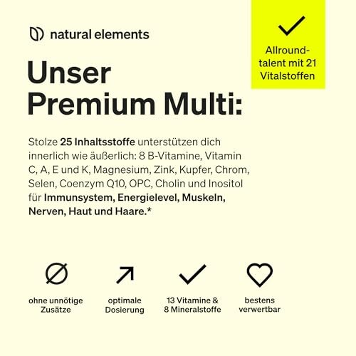Werbung für ein Multivitaminprodukt mit 25 Inhaltsstoffen, einschließlich Vitaminen und Mineralstoffen.