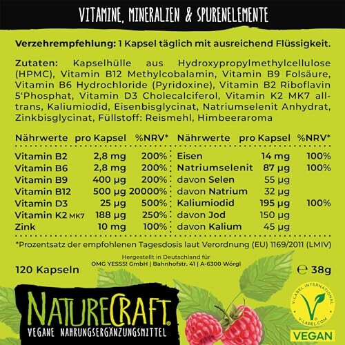 Etikett eines veganen Nahrungsergänzungsmittels mit Vitaminen und Mineralstoffen.
