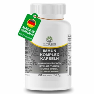 Flasche mit Immun-Komplex-Kapseln, hergestellt in Deutschland.