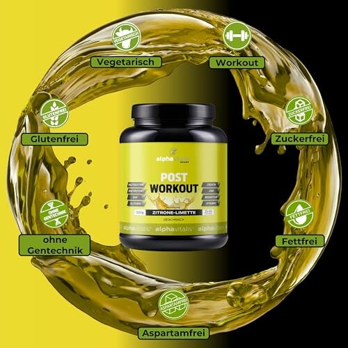 Post-Workout-Ergänzung mit Zitronen-Limetten-Geschmack, umgeben von Symbolen für glutenfrei, gentechnikfrei, vegetarisch, zuckerfrei, fettfrei und aspartamfrei.
