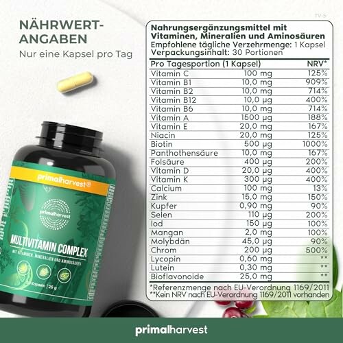Primalharvest Multivitamin-Komplex mit Inhaltsstoffen und Nährwertangaben.
