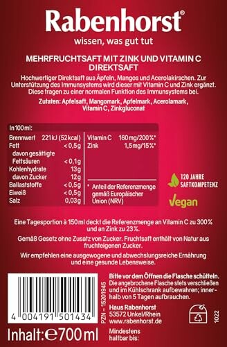 Rabenhorst Saftetikett mit Nährwertangaben und Zutatenliste.