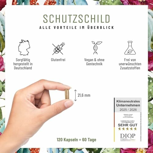 Darstellung der Vorteile von Schutzschild-Kapseln mit einer Hand, die eine Kapsel hält.