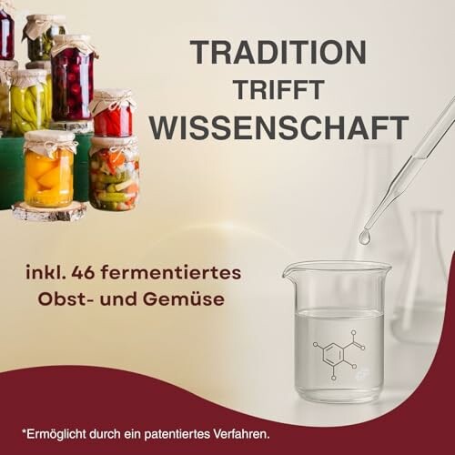 Fermentiertes Obst und Gemüse mit Reagenzglas und Becherglas.