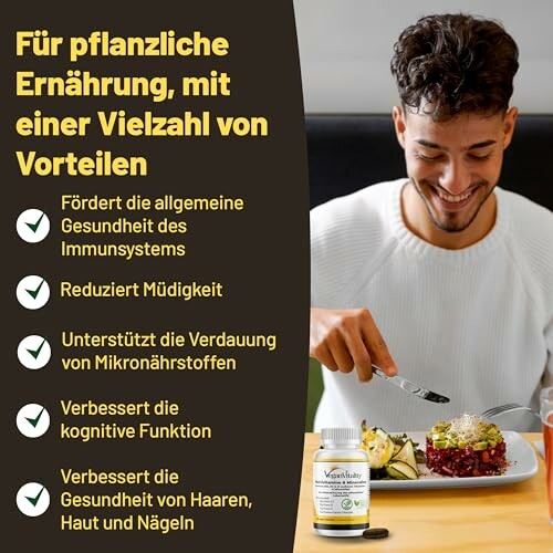 Mann genießt veganes Essen mit Vorteilen für die Gesundheit.