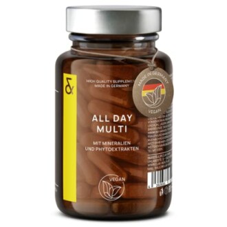 Glasflasche mit veganen Multivitamin-Kapseln