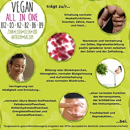 Infografik über vegane Nahrungsergänzungsmittel und gesundheitliche Vorteile.