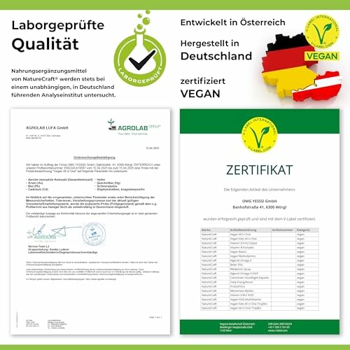 Zertifikat für vegane Qualität und Laborprüfung.