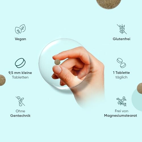 Hand hält kleine Tablette, vegan, glutenfrei, ohne Gentechnik