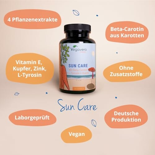 Vegavero Sun Care Nahrungsergänzungsmittel mit Pflanzenextrakten und Vitaminen.