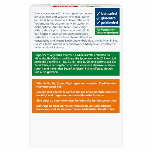 Rückseite einer Verpackung mit Informationen zu vegetarischen Vitaminen und Mineralstoffen, laktosefrei, glutenfrei, gelatinefrei.