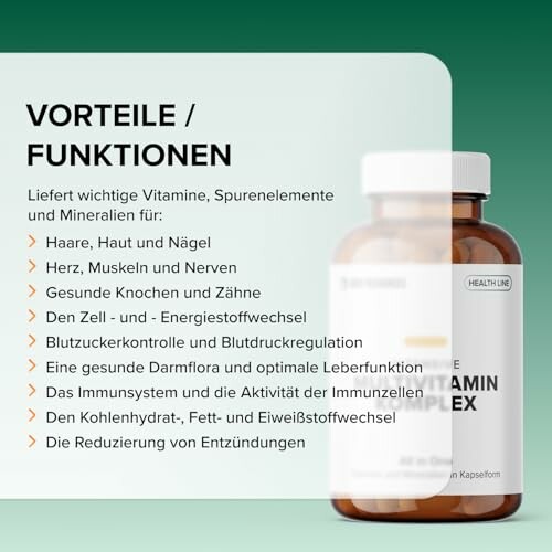 Vorteile von Vitamin-Komplex auf einem Etikett.