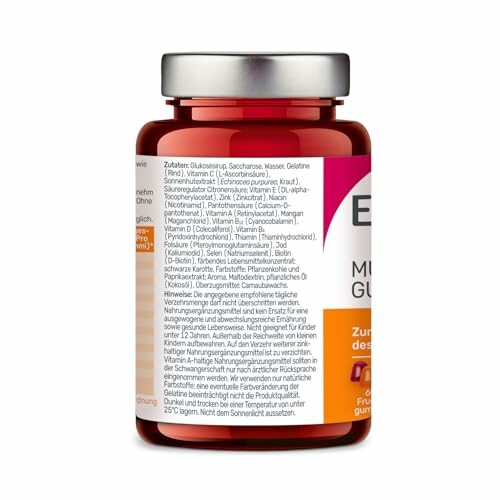 Seitliche Ansicht einer Vitaminflasche mit Zutatenliste.