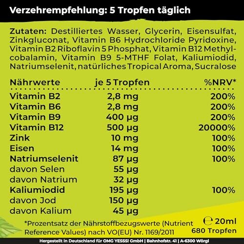 Nährwerttabelle und Zutaten für ein Vitaminpräparat.