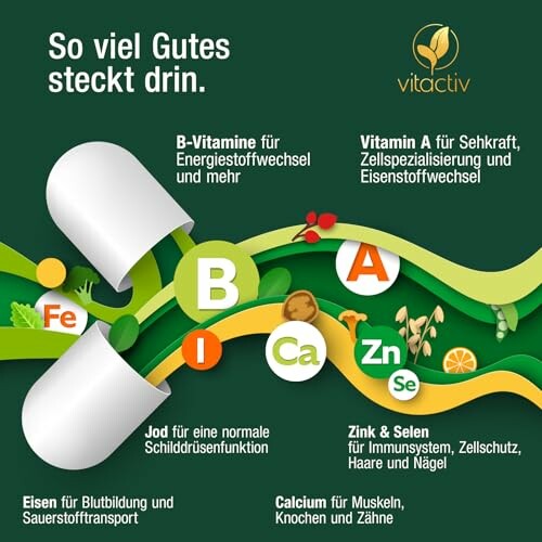 Infografik über Vitamine und Mineralien in Nahrungsergänzungsmitteln.