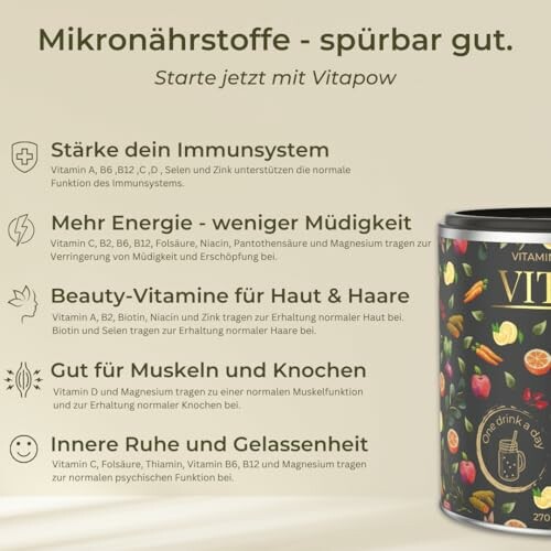 Vitapow-Dose mit Informationen zu Mikronährstoffen