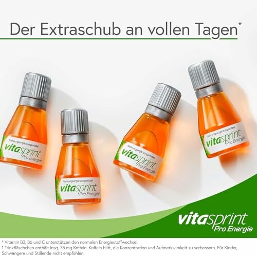 Vier Flaschen Vitasprint Pro Energie auf weißem Hintergrund.